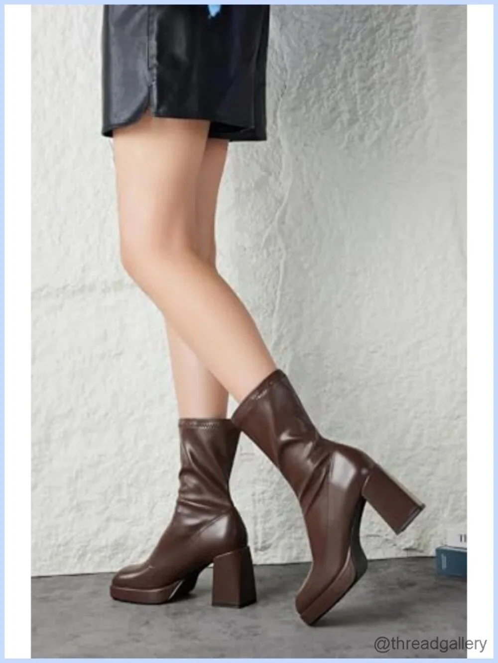Platform Chunky Heel Boots Square Toe Pull-On Mid-Calf Faux Leather
